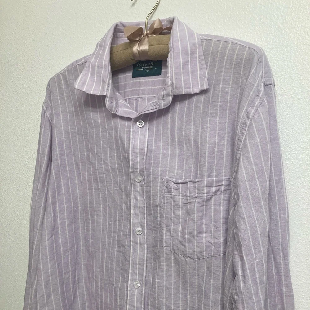 3/$15 ColorPlus Button Up Linen Blend Shirt Men’s L /42 Tailored Office Summer - Picture 2 of 6